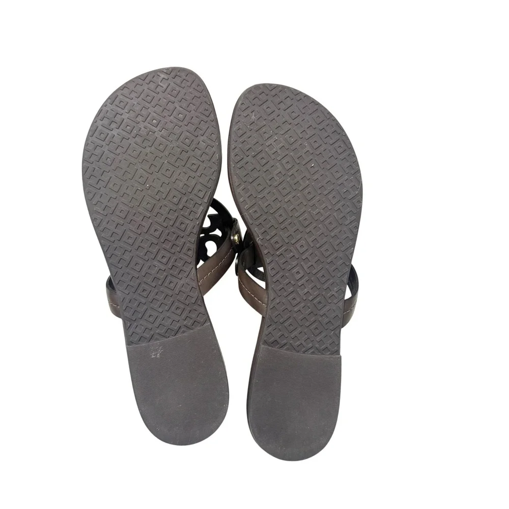 Tory Burch Miller Sandals Womens 6 Brown Leather Logo Thong Flat 5930 K17